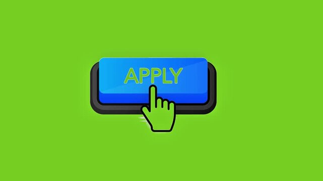 Blue Apply button animation with hand cursor clicking on green screen.