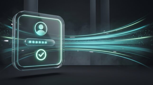 Futuristic glass user authentication panel featuring password input field and green success checkmark icon representing secure login access and cybersecurity identity verification