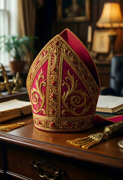 Mitre hat on wooden desk, religious authority and catholic tradition, ornate bishop headwear with gold embroidery and red velvet in study office