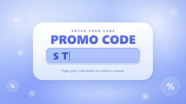 Promo code input box appearing on a light blue background with floating percentage symbols with gradient background decorated field appearing smooth video promo