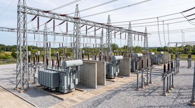 Electrical substation with high voltage transformers and metal towers.