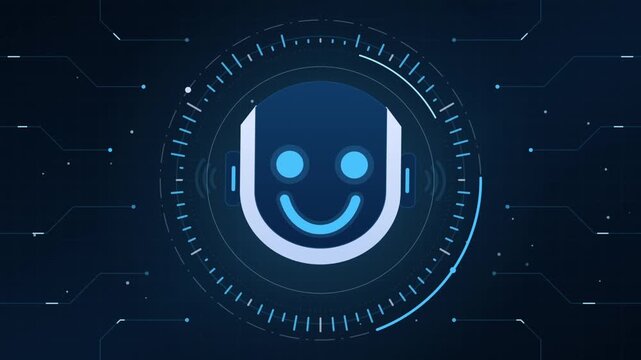 Digital robot head interface icon glowing with circular lines against a dark blue background with background abstract circuitry animated circular tech video glowing