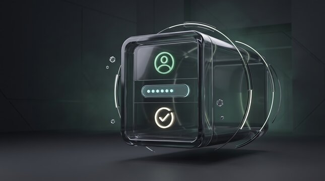 Futuristic biometric security interface with user profile icon and password entry field floating inside a glass chamber for secure authentication and cyber defense 3D render