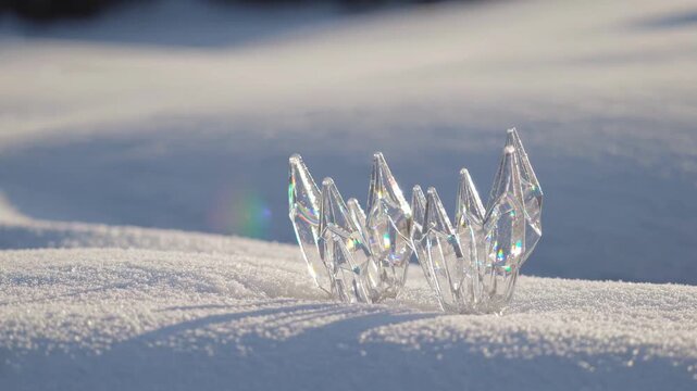 Crystal ice crown sits on snow under pale sunlight. This delicate frozen ornament glints with rainbow reflections, while smooth drifts and cool shadows give winter scene quiet, elegant mood.