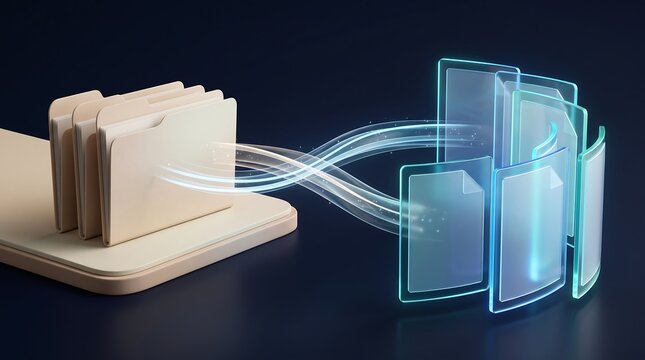 Digital file transfer process from physical folder to glowing holographic document files representing cloud synchronization and secure data migration for modern business