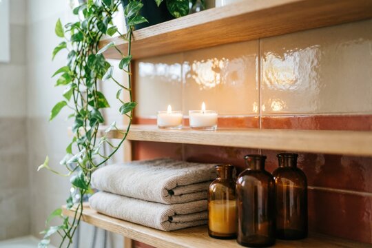 Un estante de ba&ntilde;o de madera con plantas verdes colgantes, peque&ntilde;as velas votivas, toallas dobladas y frascos de vidrio color &aacute;mbar, velas c&aacute;lidas