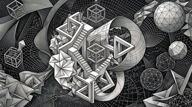 Surreal geometric artwork featuring impossible dimensional objects optical art illusion shapes intricate intersecting monochrome lines and surrealistic mathematics visualization concept design