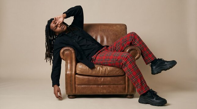 Fashionable Man Reclining in Brown Leather Armchair