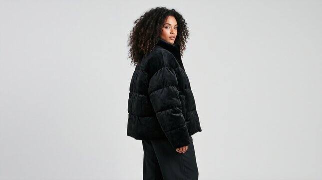 Woman Wearing Black Velvet Puffer Jacket in Studio