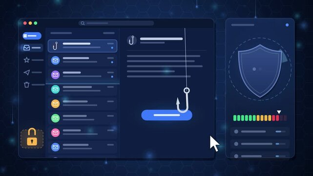 Phishing email blocked, hooked link triggers red warning and mail goes to quarantine, cyber security animation 4K