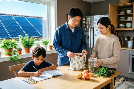 Cocina familiar donde una pareja de Asia oriental saca bolsas de tela reutilizables para productos agr&iacute;colas y frascos de vidrio sobre la encimera