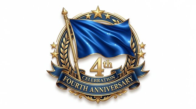 Elegant fourth anniversary celebration emblem featuring a fluttering blue on a pole against a clean white background fourth anniversary badge celebration flag emblem anniversary milestone