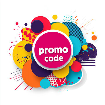 Colorful circular badge with white text reading "promo code" surrounded by vibrant abstract geometric shapes on a white background.E-commerce retail platforms, online discount coupon portals
