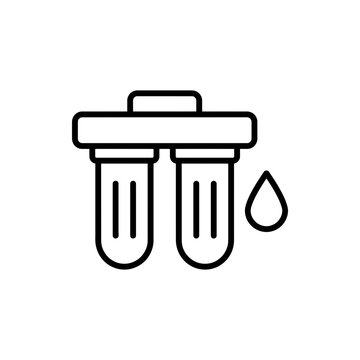 A water filtration system icon showing dual filter cartridges and a droplet with purification