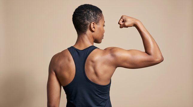 Athletic Woman Flexing Muscular Arm and Back