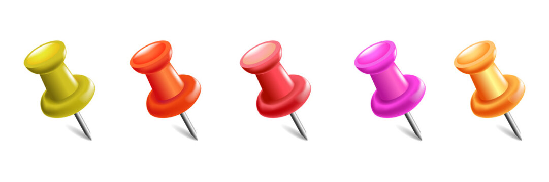 Set of colorful push pins isolated on a white background transparent background
