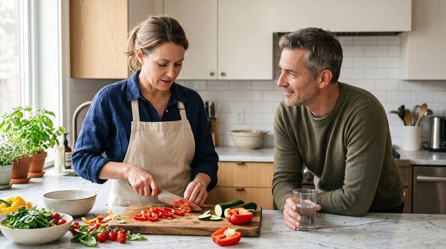 Couple Cooking Healthy Food Together in Kitchen