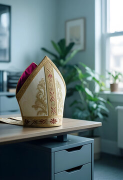 Catholic bishop mitre on office desk, religious leadership and ecclesiastical authority concept, traditional liturgical vestment in modern workspace
