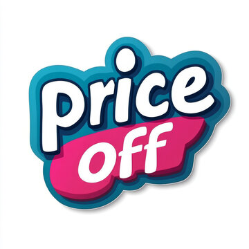 Vibrant 3D sticker logo featuring white bold text reading "Price Off" on a blue and magenta background, isolated on white.   