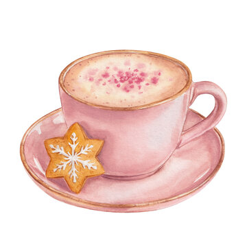 Watercolor Pink Cup of Latte Coffee with Snowflake Cookie, Christmas Hot Drink 