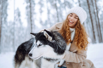 Young woman is having fun in snow-covered forest with Siberian husky. Woman and her dog are out for a walk on winter day, enjoying their time together. Concept of pets, fun, and leisure. © maxbelchenko