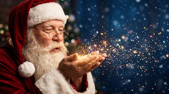 Santa Claus blowing magic glowing sparkles from his hands in profile view with bokeh lights, excellent for commercial holiday advertising, corporate greetings, and festive winter banners.