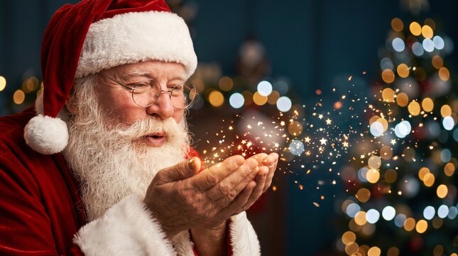 Santa Claus blowing golden magic dust and glowing sparks from hands near Christmas tree, warm holiday lights background for xmas miracle, seasonal marketing and magical celebration