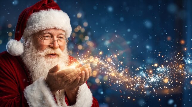 Santa Claus blowing magic glowing particles from palms with side copyspace on blue background, ideal Christmas holiday banner template for seasonal marketing and online sales campaign