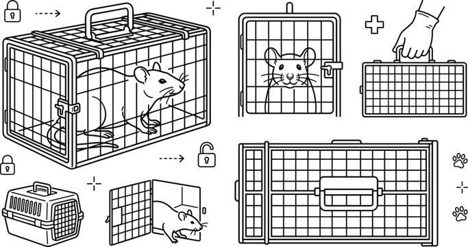 Rat and Mouse Cage Carrier Icon Set with Laboratory Research Animals Pest Control Traps and Veterinary Equipment Line Art Vector Elements