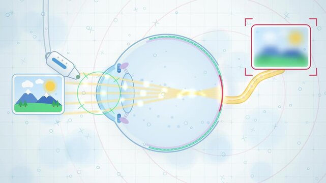 LASIK laser eye surgery reshapes the cornea so light focuses on the retina, vision correction explainer animation in 4K