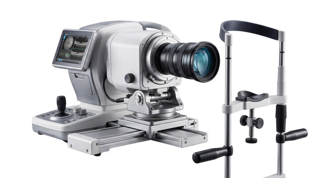 Ophthalmic fundus camera isolated on white background, professional medical eye examination equipment, optical vision diagnostic device