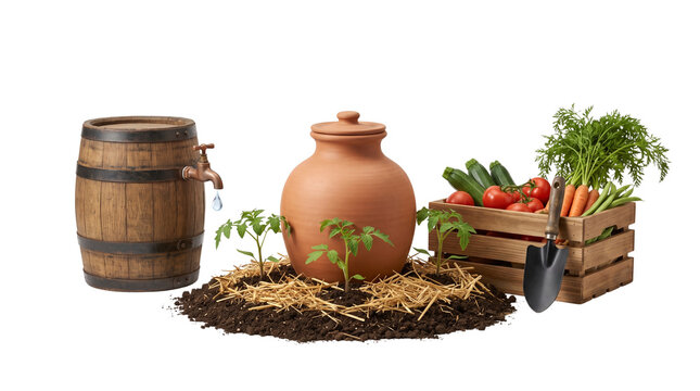 Terracotta olla irrigation pot for sustainable gardening, rustic wooden water barrel and fresh vegetable harvest, organic farming equipment
