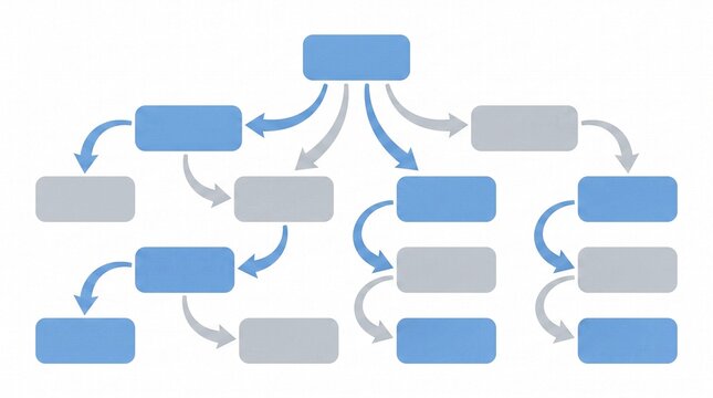 Blank organizational chart with blue and grey boxes on white