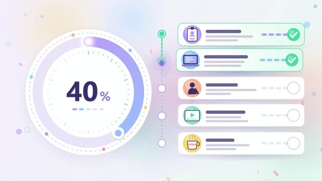 Employee onboarding checklist completed step by step, progress ring filling to 100 percent with confetti, 4K animation