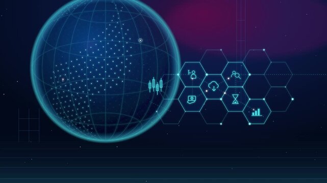 Abstract glowing digital world map and global network connectivity motion graphic loop