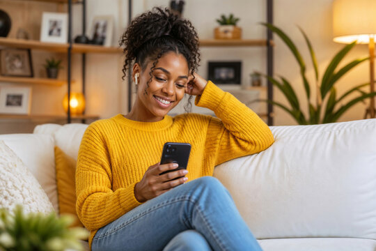 Warm light fills cozy living room. Young black woman smiles while holding smartphone. She sits relaxed on a white couch. Cozy home has shelves, plants, and soft lighting
