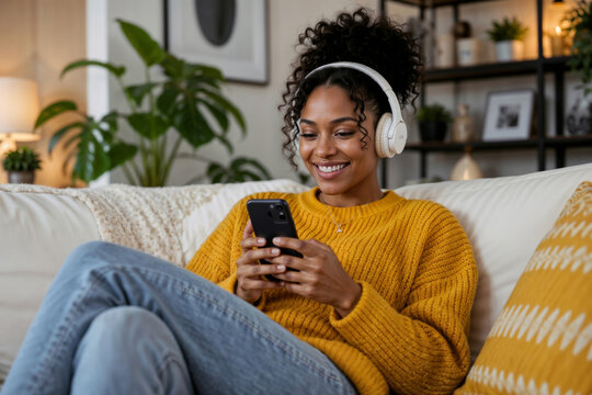 Portrait of happy young black teenage woman in a yellow sweater sits on white couch wearing wireless headphones. Looks at smartphone screen relaxing at home