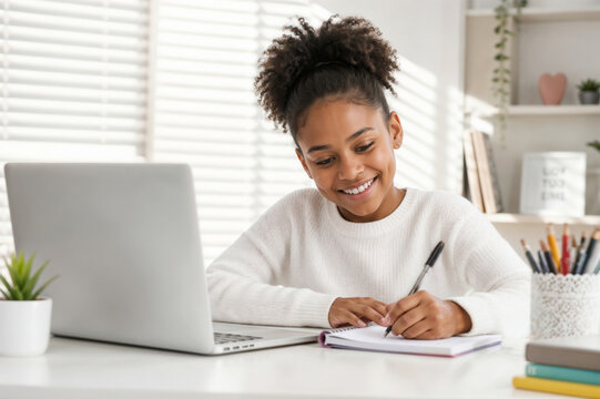 Young Afro girl smiles while studying at her desk. She writes in a notebook beside a laptop. Sunlight streams through window blinds softly. Her curly hair is neatly tied up