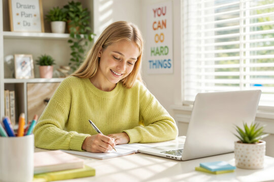 Portrait of happy young European girl in a in white sweater sits at white desk writing in notebook with pen. Smiles studying with laptop