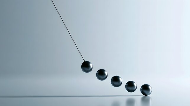 A metallic pendulum with five spheres in motion  suspended by a thin wire against a minimalist gradient background