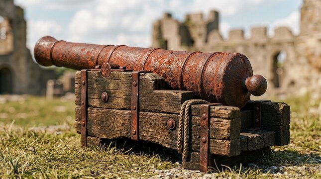 Antique rusted iron cannon on wooden carriage in castle ruins. Historic military artillery weapon at ancient fortress
