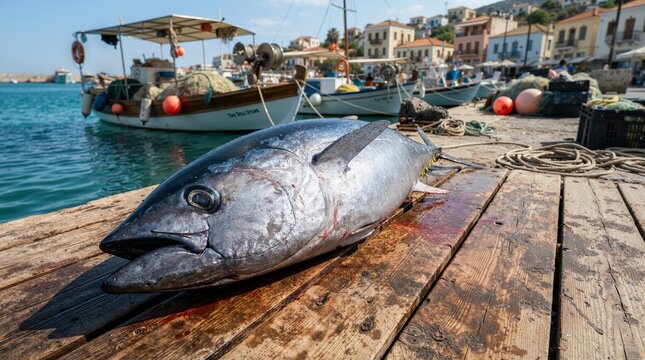 Freshly caught whole tuna fish lying on wooden harbor dock. Raw large fish at Mediterranean fishing port with boats and turquoise sea background