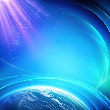 Abstract futuristic technology background with planet Earth in orbit. Glowing curved light rays and digital energy waves. Global connectivity concept with copy space