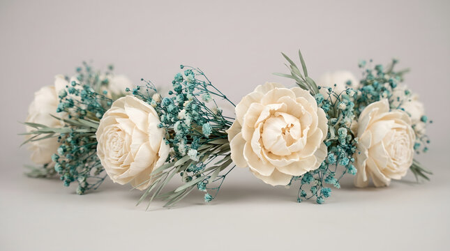 Handmade floral crown with cream-colored wood flowers, blue baby's breath, and greenery on a neutral background