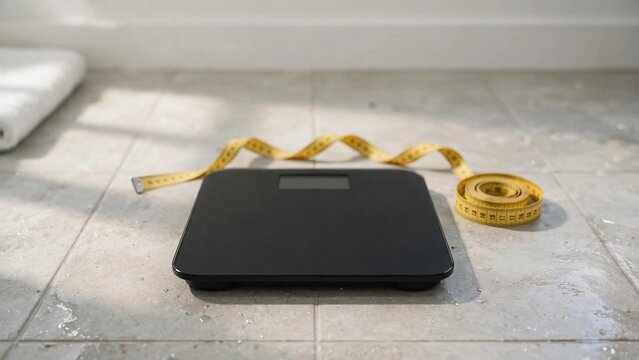 Digital Scale And Measuring Tape On Bathroom Floor, Health Stock Photo