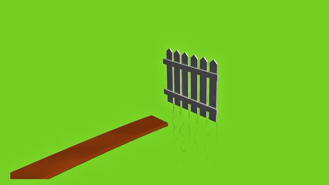 3D animation of a brown wooden plank passing through a white picket fence on a green screen background.