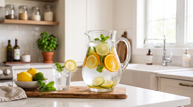 Glass pitcher and glass of infused water with lemon, orange, lime slices, and fresh mint leaves on a kitchen counter