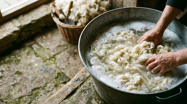 Raw wool being washed in tub of clear water, wool processing