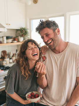 Cheerful Young Couple Laughing Together in Kitchen Eating Sweet Strawberry