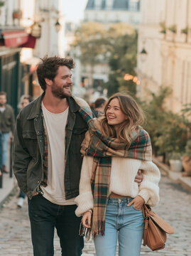 Happy Young Couple Walking Together on Cozy Old European City Street